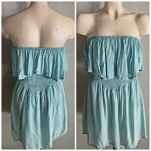 Raya Sun Aqua Blue embroidered Strapless Romper – Smocked Waist, Ruffle Overlay